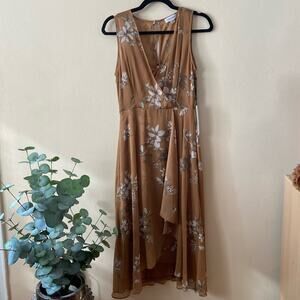 New Calvin Klein Faux Wrap Tan Floral Print Dress 4 Flowy Chiffon Hi Lo Hem